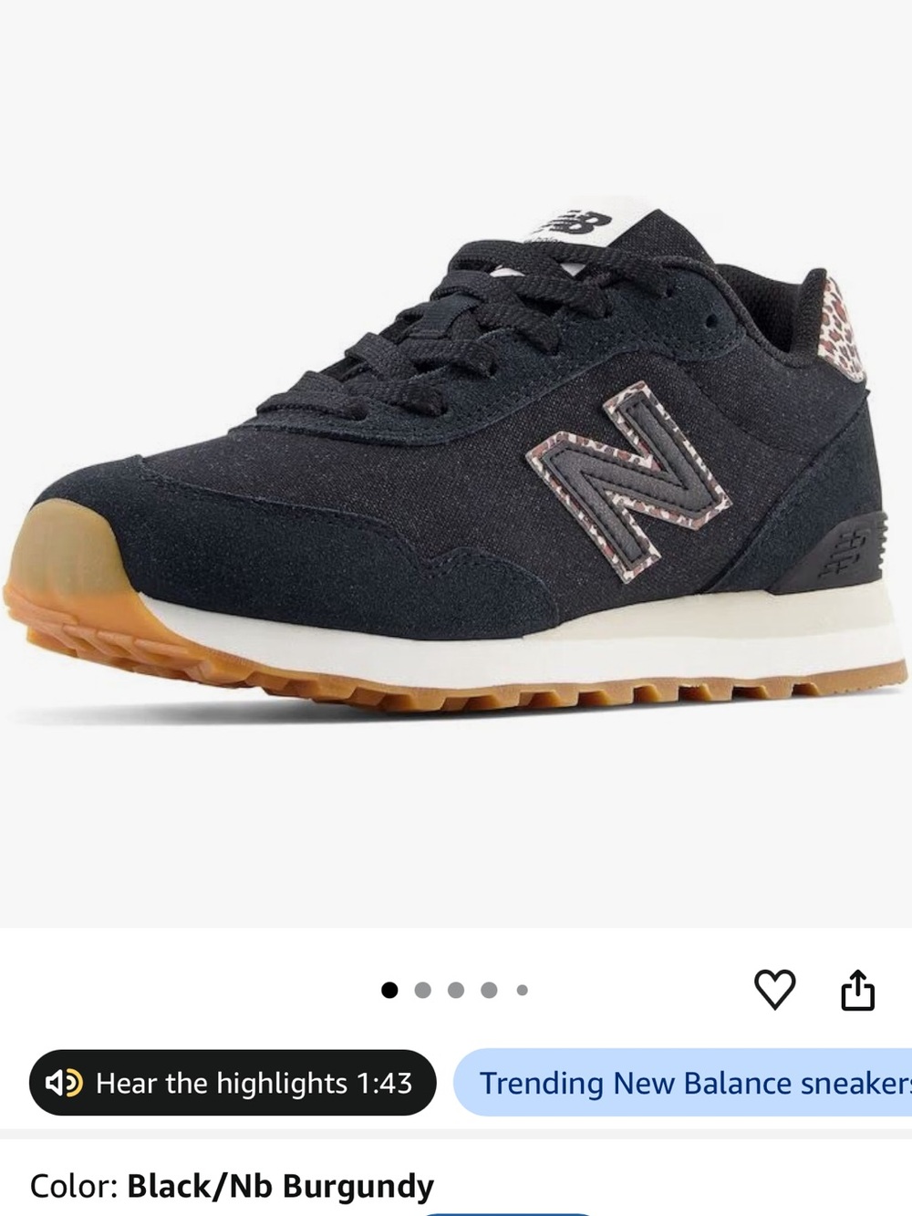 New Balance Women’s Black Sneaker with Gum Outsole and Patterned N
